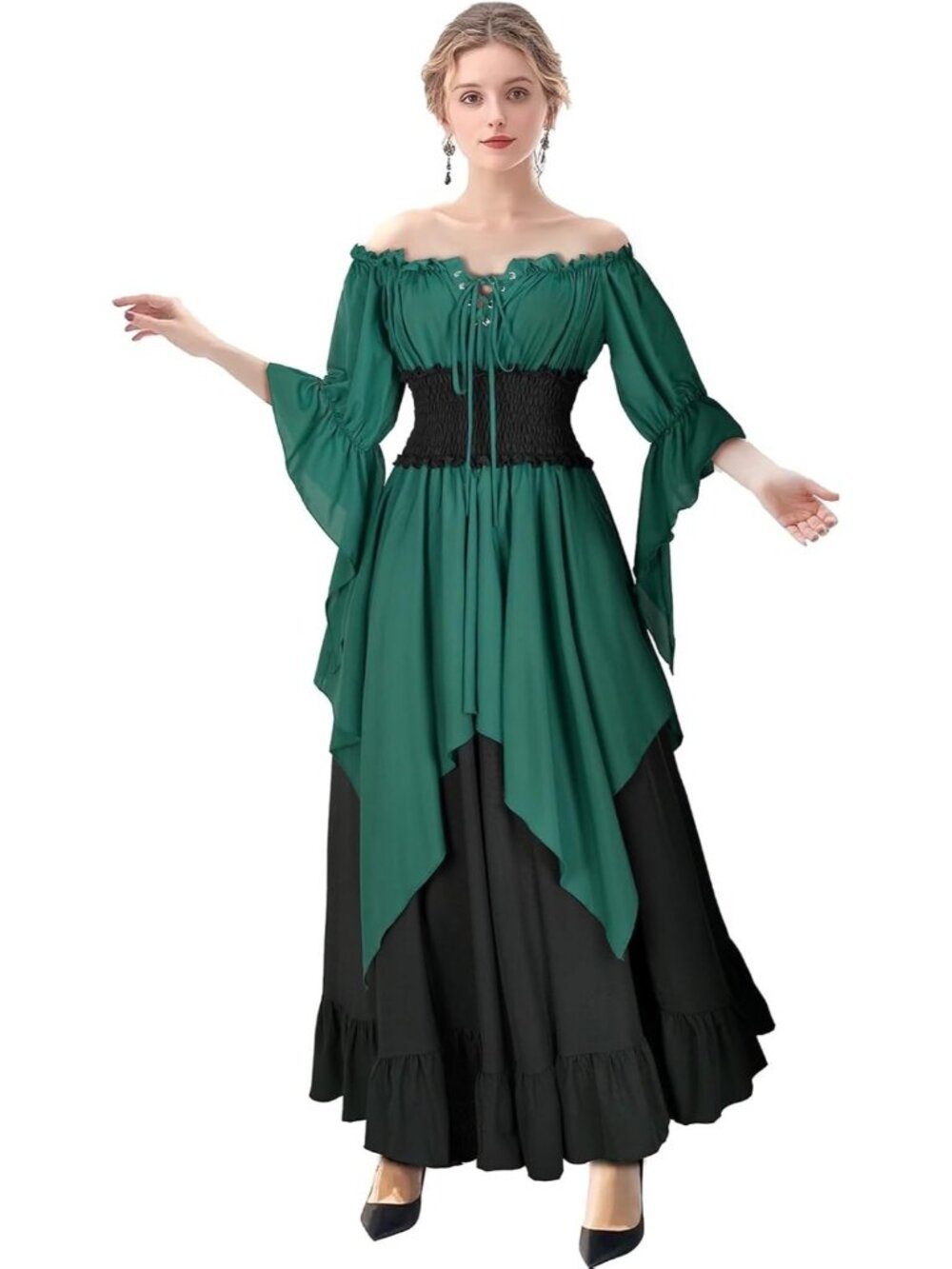 Green Renaissance Dress Medieval Costume Long Sleeve Victorian Women's MEDIUM - Picture 3 of 10